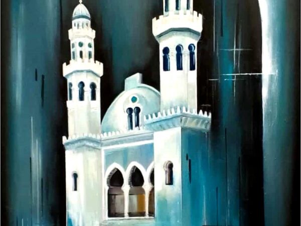 La mosquée Ketchaoua  Ce tableau est caractérisé par un fort contraste en clair-obscur. Les formes architecturales, d'un blanc cassé et doux, se détachent puissamment d'un arrière-plan sombre, dominé par le bleu de Prusse et le brun foncé, créant une ambiance mystérieuse et nocturne. Cette œuvre, entièrement exécutée dans une riche palette de bleus froids et lumineux, capture la quiétude et le secret donnant l'impression que le temps s'est suspendu. L'artiste maîtrise l'effet de lumière en utilisant des dégradés de bleu qui passent d'un azur presque blanc au centre, à des tons indigo et marine dans les ombres. Cet effet de lumière interne confère aux formes l'apparence de sources de rayonnement.