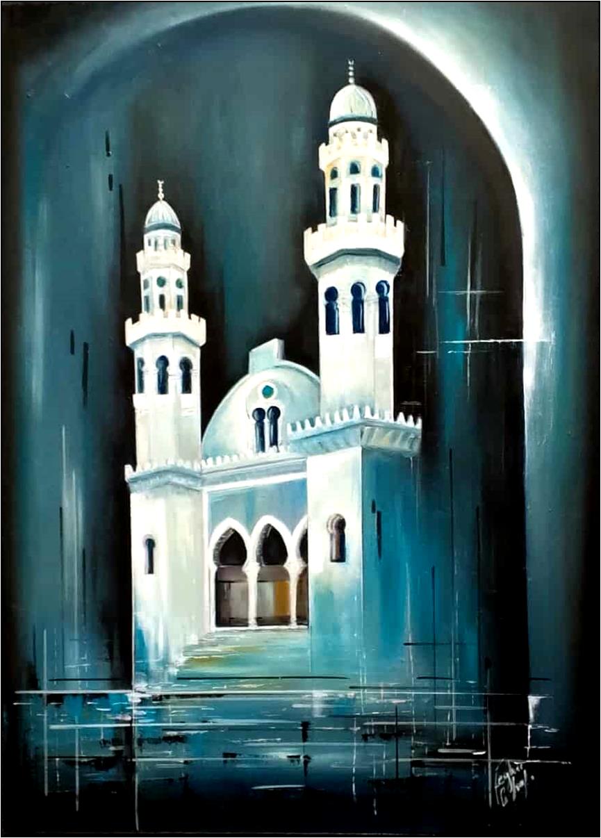 La mosquée Ketchaoua  Ce tableau est caractérisé par un fort contraste en clair-obscur. Les formes architecturales, d'un blanc cassé et doux, se détachent puissamment d'un arrière-plan sombre, dominé par le bleu de Prusse et le brun foncé, créant une ambiance mystérieuse et nocturne. Cette œuvre, entièrement exécutée dans une riche palette de bleus froids et lumineux, capture la quiétude et le secret donnant l'impression que le temps s'est suspendu. L'artiste maîtrise l'effet de lumière en utilisant des dégradés de bleu qui passent d'un azur presque blanc au centre, à des tons indigo et marine dans les ombres. Cet effet de lumière interne confère aux formes l'apparence de sources de rayonnement.